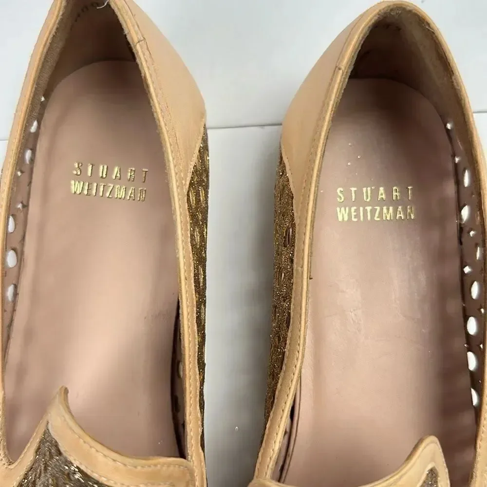 NWOB Stuart Weitzman County Glitter Espadrille Flat Sand Gold US 10